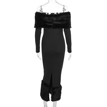 Sexy schulterfreies Kunstpelz-Patchwork-Kleid, Damen, trägerlos, lange Ärmel, tailliert, Bodycon-Kleider, Dame, Party, Abendkleid