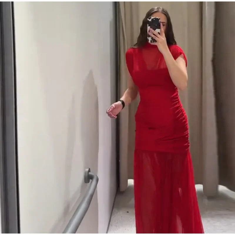 Rotes Mesh Durchsichtiges langes Kleid Damen Ärmellos Plissee Patchwork A-Linie Party Abendkleider 2025 Sommer Damen Schlanke Roben Neu
