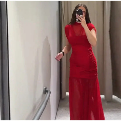 Rotes Mesh Durchsichtiges langes Kleid Damen Ärmellos Plissee Patchwork A-Linie Party Abendkleider 2025 Sommer Damen Schlanke Roben Neu