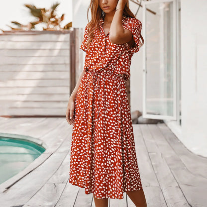 Sommerkleider Damen Sommer Tupfen Druck Kleider mit Knöpfen Kurzarm Tunnelzug Hohe Taille Kleid Vestidos 2023
