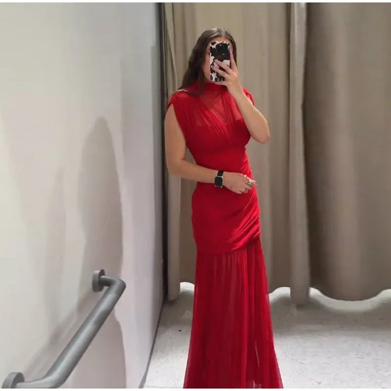 Rotes Mesh Durchsichtiges langes Kleid Damen Ärmellos Plissee Patchwork A-Linie Party Abendkleider 2025 Sommer Damen Schlanke Roben Neu