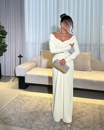 Customized Mermaid Off The Shoulder Prom Dresses Long Sleeves Pleated Beadings Floor Length Evening Dresses Party Dresses