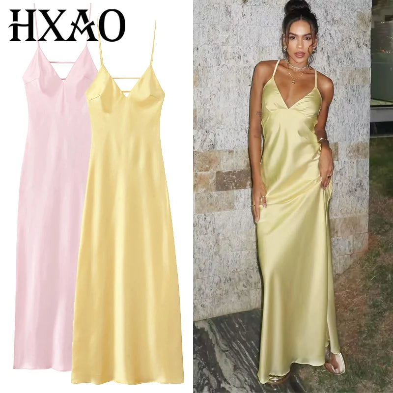 HXAO Gelbe Kleider Damen Satin V-Ausschnitt Midikleid Sommer Rückenfrei Träger Slipkleider Elegantes Abendpartykleid 2025 Vestidos