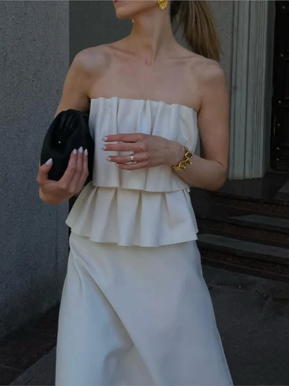Weißes plissiertes trägerloses Kleid Einfarbig schulterfrei Tailliert Figurbetont Damen Strandurlaub Strand Elegante lange Kleider