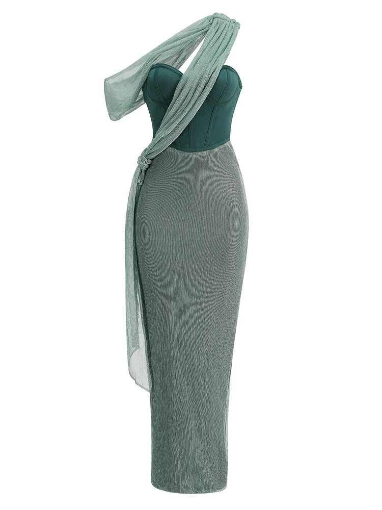 Sexy One-Shoulder Drapiertes Glitzer-Kleid Lang Damen Braun Korsett Glitzernd Rückenfrei Eng Anliegend Maxi-Kleider Abendgesellschaft Ballkleider