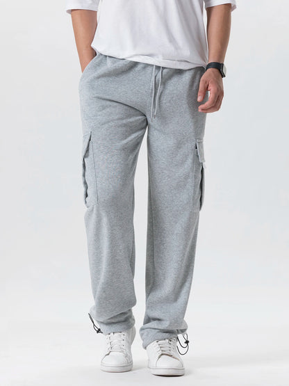 Herren-Sweatpants mit mehreren Taschen, Herbst-Winter, Kordelzug, gerader Schnitt, Lauf-Jogger, Sport-Fitnesshose, lose Herrenhose