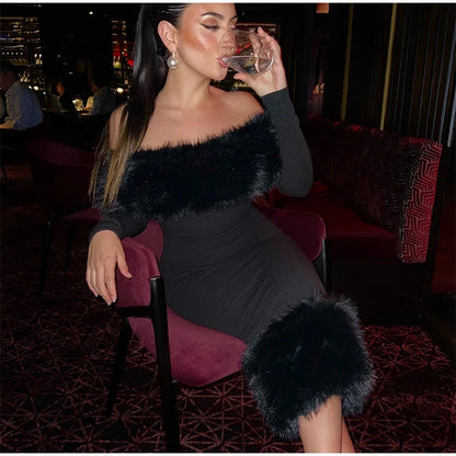 Sexy schulterfreies Kunstpelz-Patchwork-Kleid, Damen, trägerlos, lange Ärmel, tailliert, Bodycon-Kleider, Dame, Party, Abendkleid