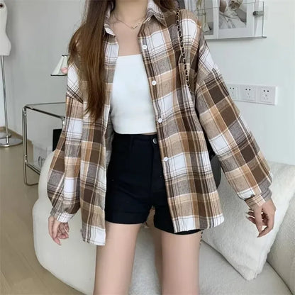 Kariertes Hemd Damen Mode Herbst Langarm Top Weiblich Vintage Einreiher Bluse Damen Preppy Style Lose Karohemden
