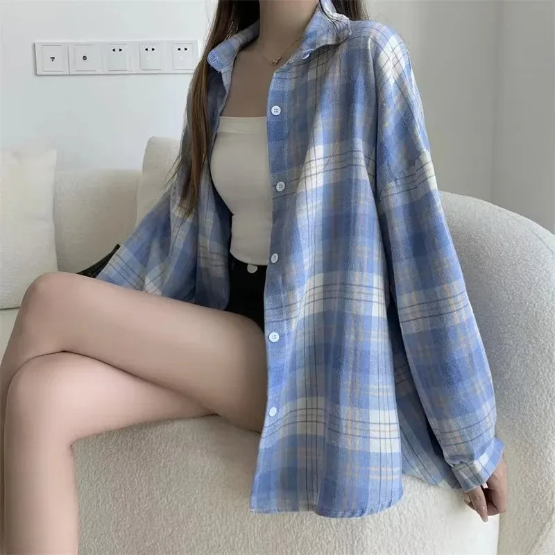 Kariertes Hemd Damen Mode Herbst Langarm Top Weiblich Vintage Einreiher Bluse Damen Preppy Style Lose Karohemden