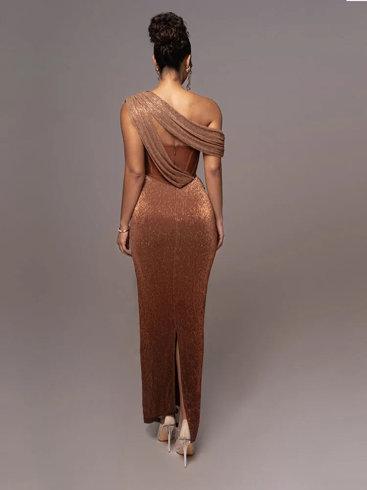 Sexy One-Shoulder Drapiertes Glitzer-Kleid Lang Damen Braun Korsett Glitzernd Rückenfrei Eng Anliegend Maxi-Kleider Abendgesellschaft Ballkleider