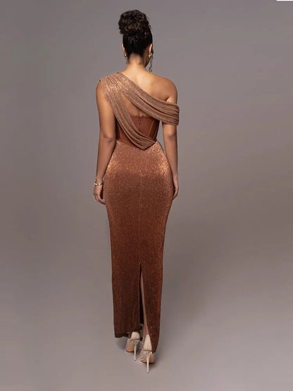 Sexy One-Shoulder Drapiertes Glitzer-Kleid Lang Damen Braun Korsett Glitzernd Rückenfrei Eng Anliegend Maxi-Kleider Abendgesellschaft Ballkleider
