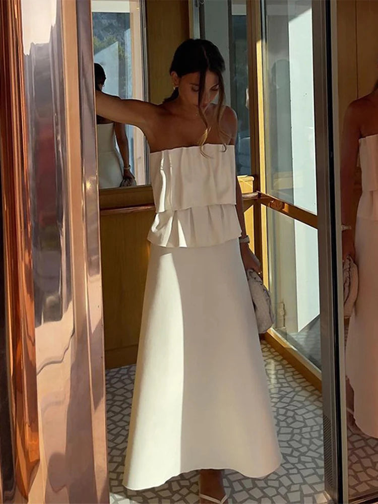 Weißes plissiertes trägerloses Kleid Einfarbig schulterfrei Tailliert Figurbetont Damen Strandurlaub Strand Elegante lange Kleider