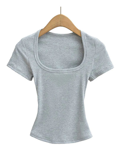 Damen Slim Fit Crop Top mit eckigem Ausschnitt, hochelastisch, Kurzarm-Pullover, sexy Sommer-Bluse, T-Shirt zum Unterziehen