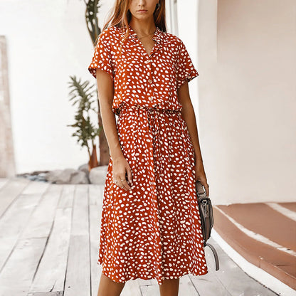 Sommerkleider Damen Sommer Tupfen Druck Kleider mit Knöpfen Kurzarm Tunnelzug Hohe Taille Kleid Vestidos 2023
