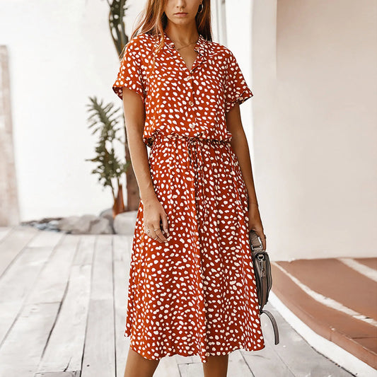 Sommerkleider Damen Sommer Tupfen Druck Kleider mit Knöpfen Kurzarm Tunnelzug Hohe Taille Kleid Vestidos 2023