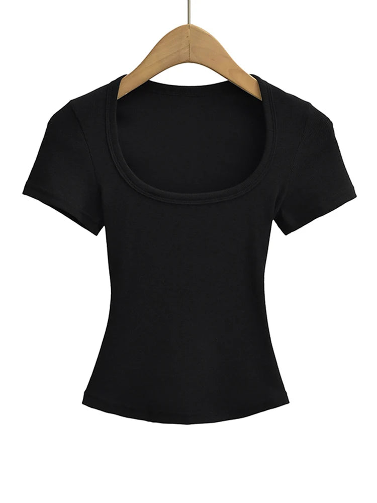 Damen Slim Fit Crop Top mit eckigem Ausschnitt, hochelastisch, Kurzarm-Pullover, sexy Sommer-Bluse, T-Shirt zum Unterziehen