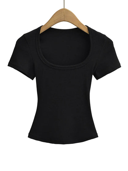 Damen Slim Fit Crop Top mit eckigem Ausschnitt, hochelastisch, Kurzarm-Pullover, sexy Sommer-Bluse, T-Shirt zum Unterziehen