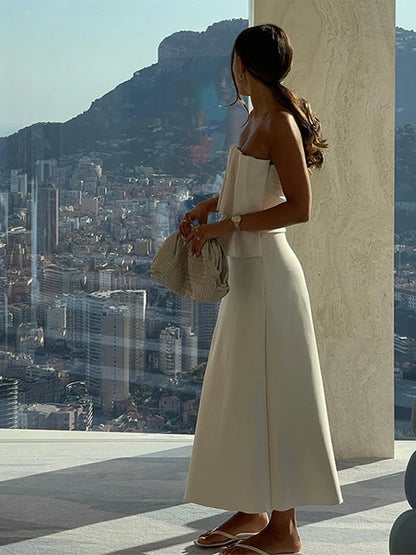 Weißes plissiertes trägerloses Kleid Einfarbig schulterfrei Tailliert Figurbetont Damen Strandurlaub Strand Elegante lange Kleider