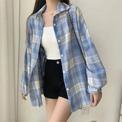 Kariertes Hemd Damen Mode Herbst Langarm Top Weiblich Vintage Einreiher Bluse Damen Preppy Style Lose Karohemden