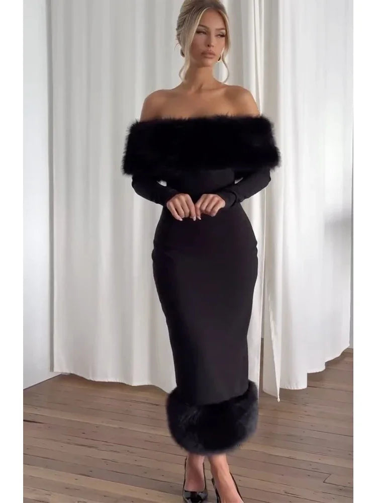 Sexy schulterfreies Kunstpelz-Patchwork-Kleid, Damen, trägerlos, lange Ärmel, tailliert, Bodycon-Kleider, Dame, Party, Abendkleid
