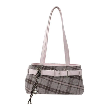 Fashion Karierte Umhängetasche mit Anhänger für Damen Retro Kleine Tragetasche Vielseitige und lässige Handtasche für Pendler