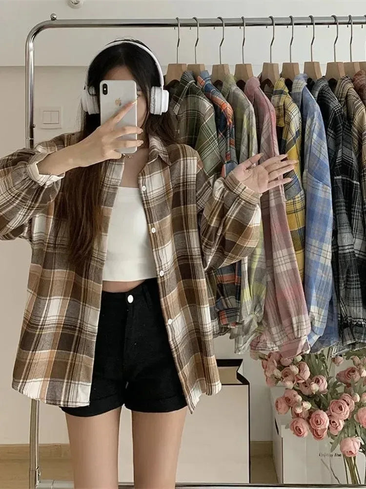 Kariertes Hemd Damen Mode Herbst Langarm Top Weiblich Vintage Einreiher Bluse Damen Preppy Style Lose Karohemden