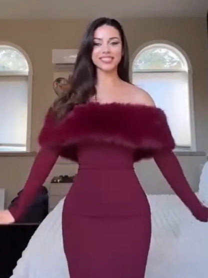 Sexy schulterfreies Kunstpelz-Patchwork-Kleid, Damen, trägerlos, lange Ärmel, tailliert, Bodycon-Kleider, Dame, Party, Abendkleid