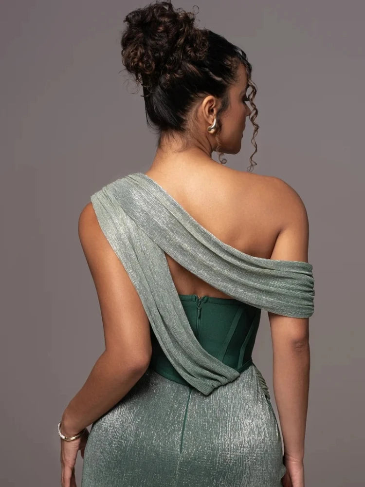 Sexy One-Shoulder Drapiertes Glitzer-Kleid Lang Damen Braun Korsett Glitzernd Rückenfrei Eng Anliegend Maxi-Kleider Abendgesellschaft Ballkleider