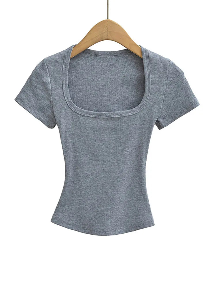 Damen Slim Fit Crop Top mit eckigem Ausschnitt, hochelastisch, Kurzarm-Pullover, sexy Sommer-Bluse, T-Shirt zum Unterziehen