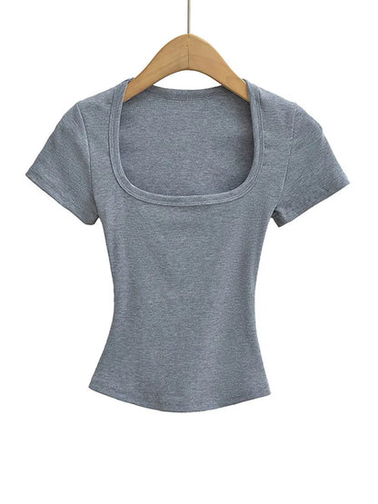 Damen Slim Fit Crop Top mit eckigem Ausschnitt, hochelastisch, Kurzarm-Pullover, sexy Sommer-Bluse, T-Shirt zum Unterziehen
