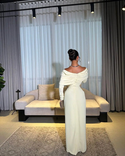 Customized Mermaid Off The Shoulder Prom Dresses Long Sleeves Pleated Beadings Floor Length Evening Dresses Party Dresses